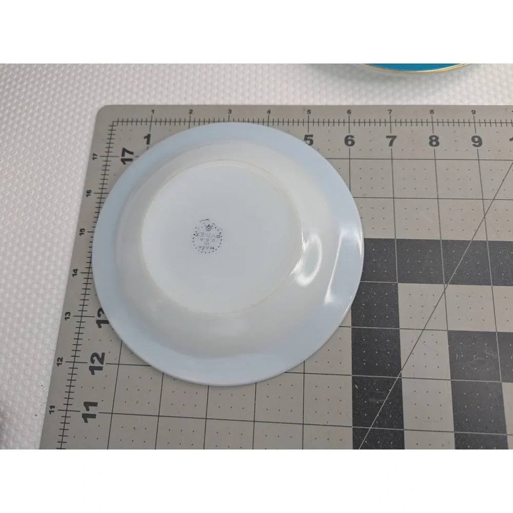 Pyrex Teal Blue Gold Stripe Plate Saucer 6.25 Inch Lot‎ of 5